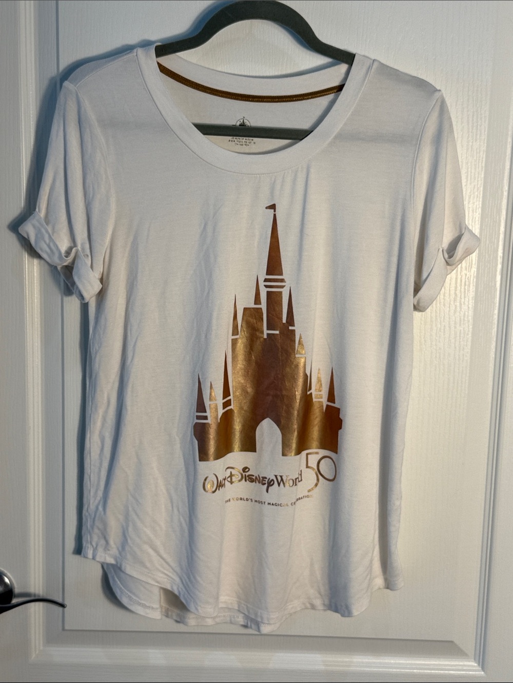 Disney 50 White Women’s Tee with Metallic Gold Castle Graphic Size M